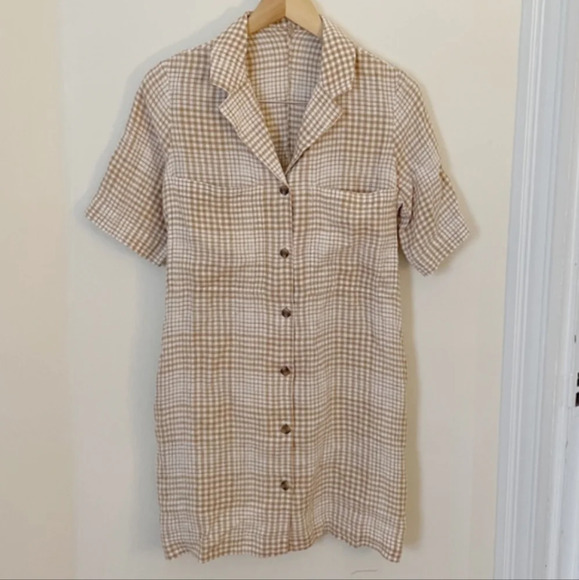 Everlane 100% Linen Dress Plaid Cream Tan Mini Short Sleeve XS Shirtdress Pocket - Picture 6 of 9